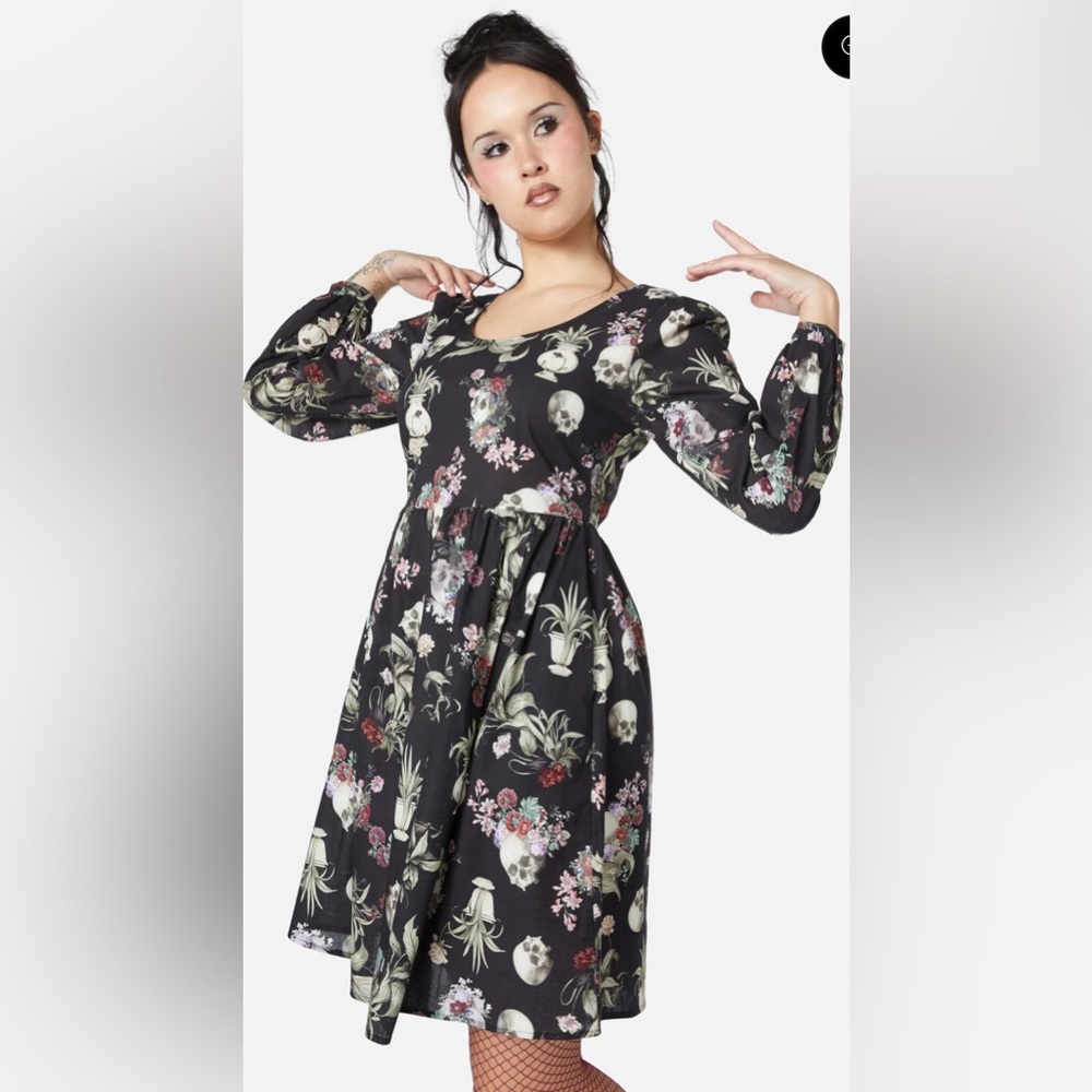 Dangerfield Black Skull and Floral Long Sleeve Dress